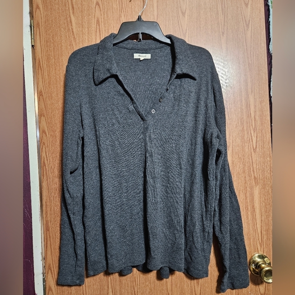 Madewell V Neck Button Collared Gray Sweater (Some Pilling)